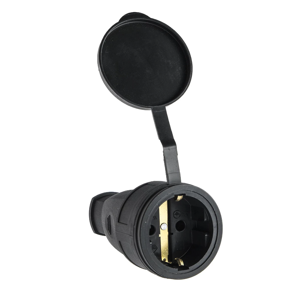 Розетка переносная 16-005, 250 в, 16 а, с заземлением, ip44, с заглушкой, каучук, черная